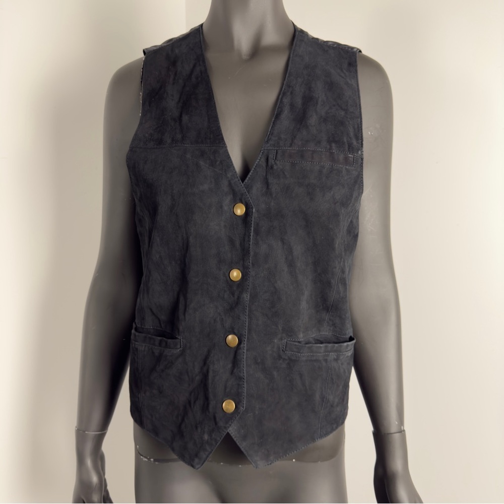 171. Global Casual Genuine Leather Black Vest Lined Button-Up Size L